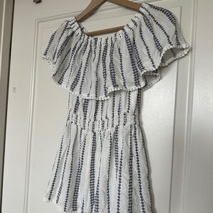 Grecian style blue and white off the shoulder romper!